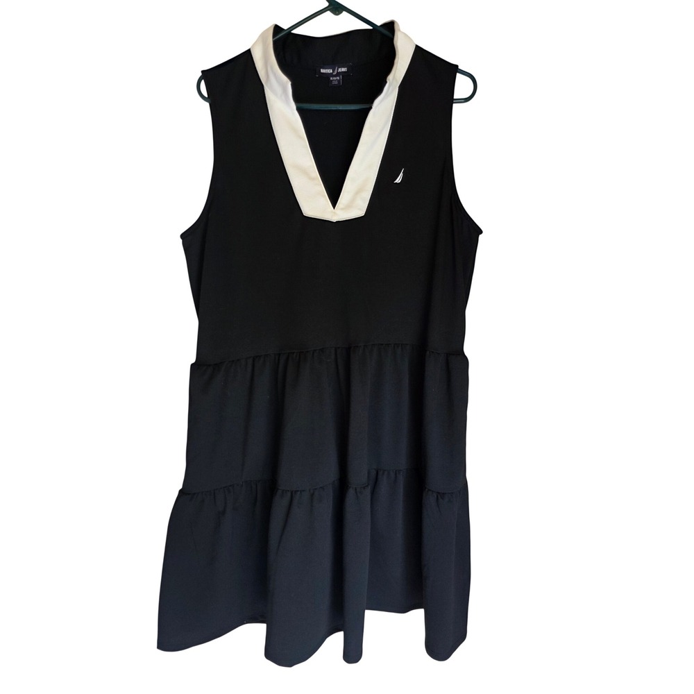 Nautica Jeans Womens XL Black Sleeveless Tiered V-Neck Mini Dress with Pockets